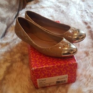 Tory Burch tan, patent leather ballet flats